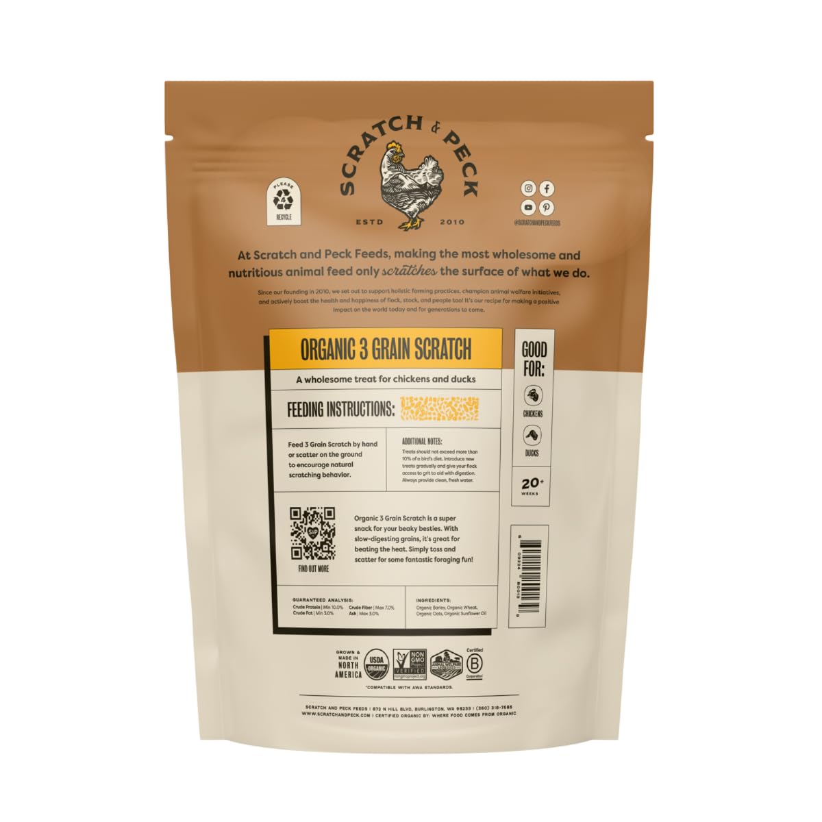 Scratch and Peck Feeds Cluckin Good 3-Grain Scratch for Chickens and Ducks - 10-lbs - Organic and Non-GMO Project Verified