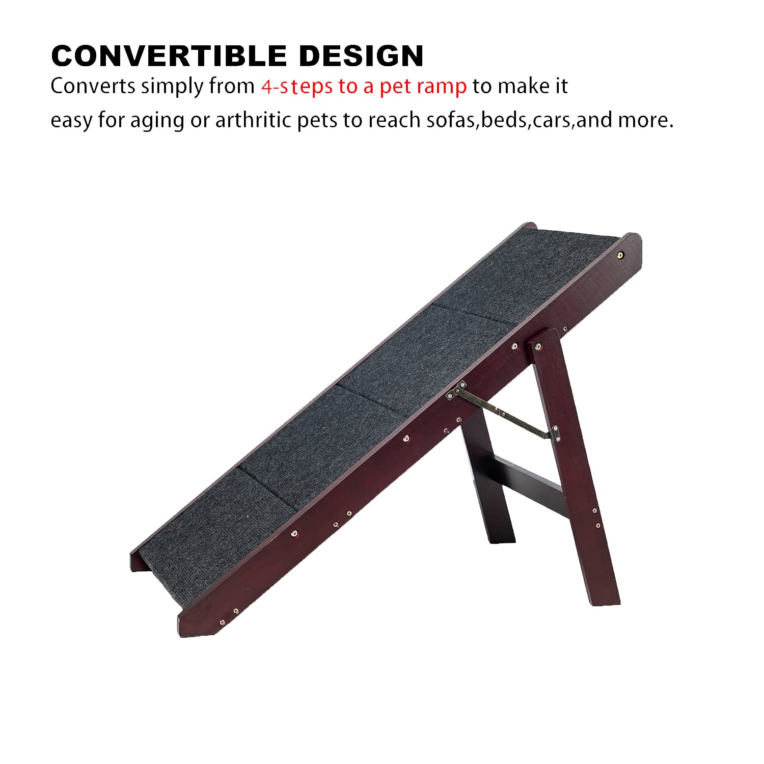 Mewang Wooden Pet Stairs/Pet Steps - 2-In-1 Foldable Stairs & Ramp For Beds And Cars - Portable Dog/Cat Ladder Up To 110 Pounds - Great For Small And Older Animals(Brown)