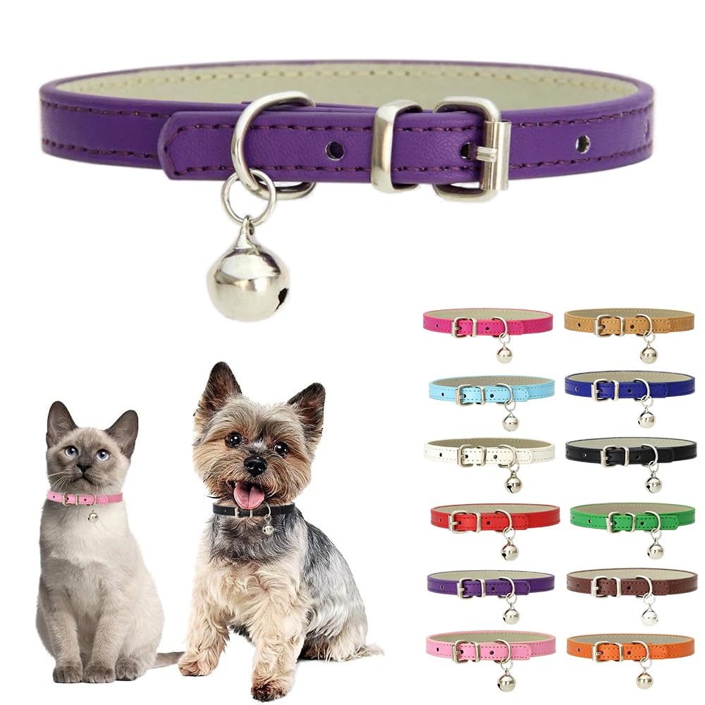 Purple Xs Dog Collar With Bell,Soft Pu Leather Female Puppy Collar With Bells Basic Girls Cat Collar With Bells For Xxs Xsmall S