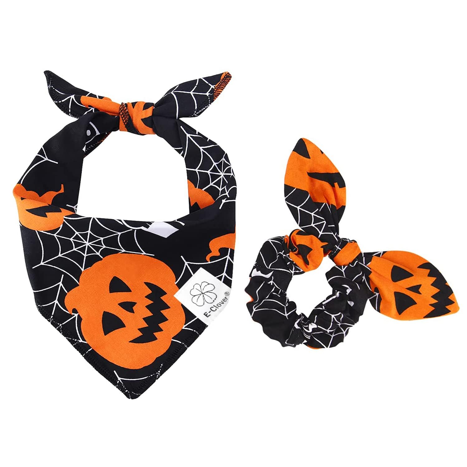 E-Clover Halloween Dog Bandanas-Pumpkin Dog Bandana Matching Scrunchie Triangle Pet Kerchief Scarf For Small Medium Large Dogs P