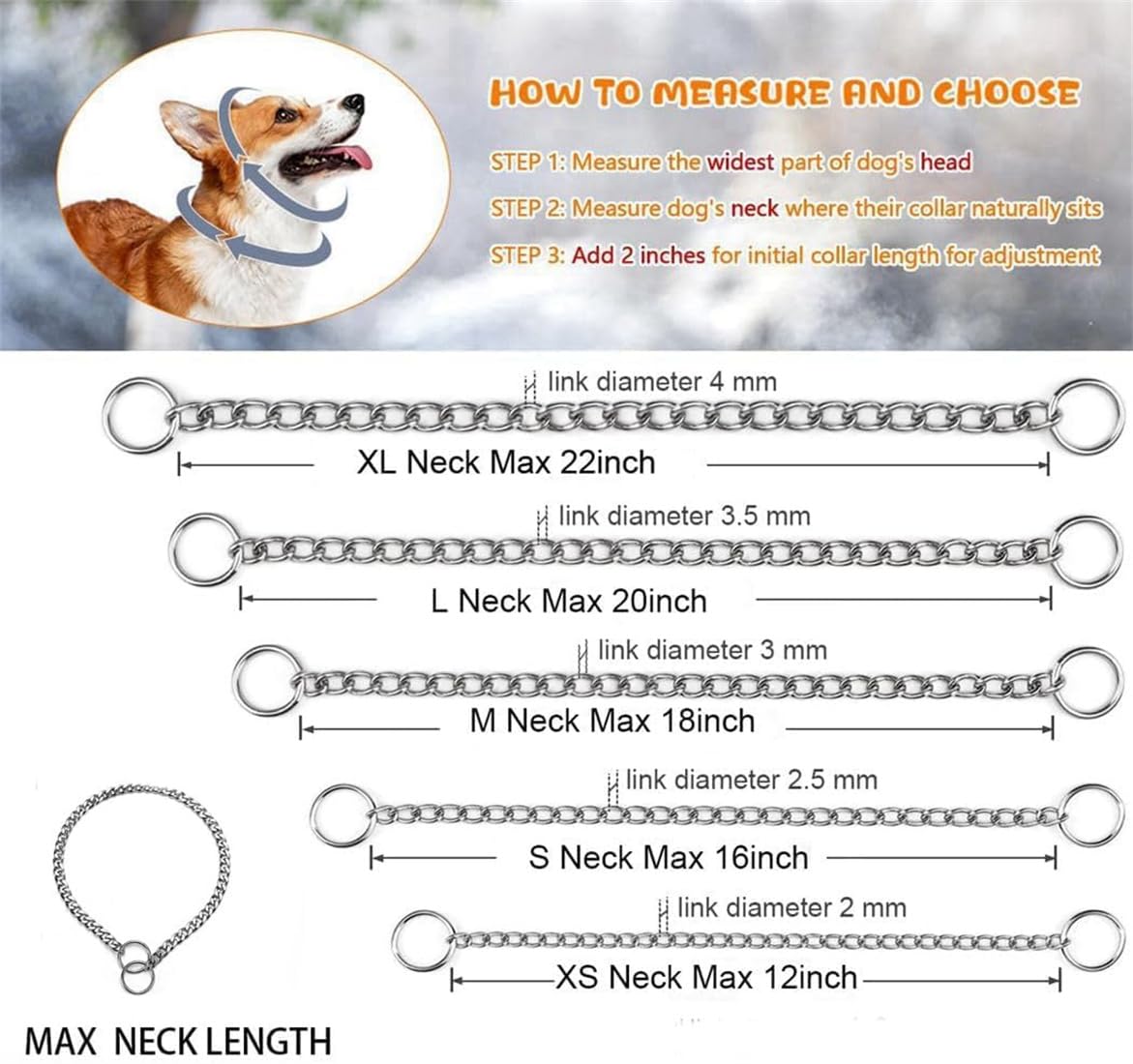 Silver Choker Collar For Dogs,Metal Slip Link Dog Chain Martingale Collar Heavy Duty Training Dog Choke Collar Boy Girl Puppy Co