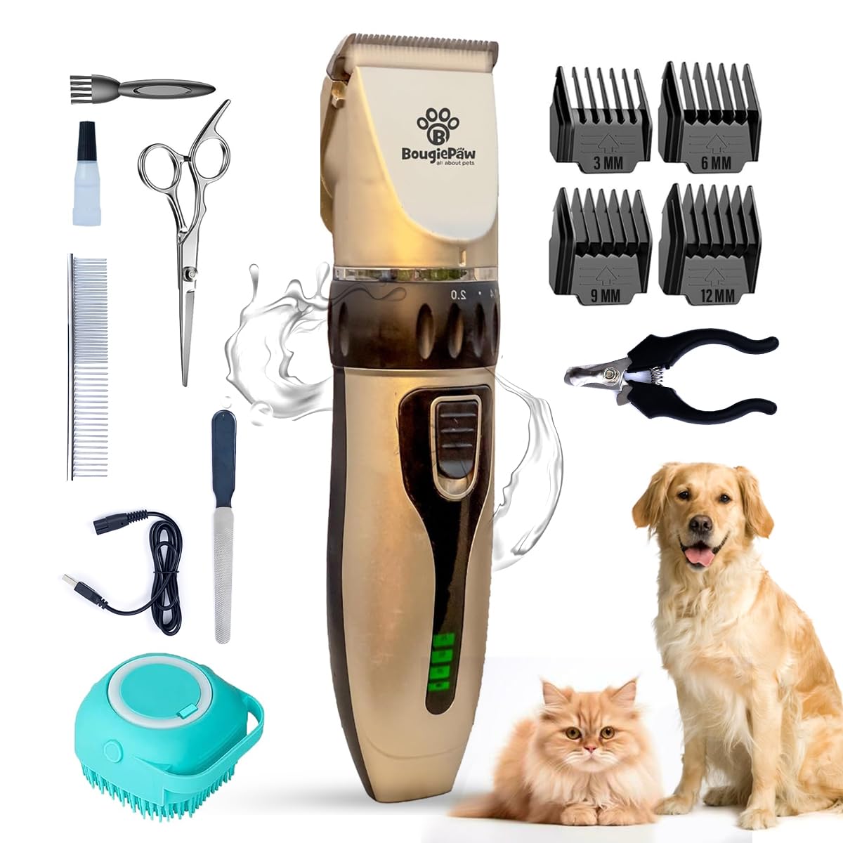 Bougiepaw Dog Grooming Kit - Low Noise Cat & Dog Hair Trimmer With Pet Nail Cutter | Cordless Dog Clippers For Grooming Thick Co