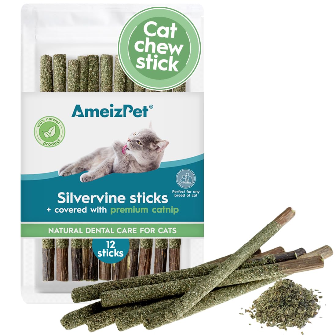 Ameizpet Silvervine Sticks For Cats, Chew Sticks Covered With Catnip Dust - Natural Matatabi Cat Dental Care, Silvervine Cat Teeth Cleaning Dental Sticks, 12 Pcs