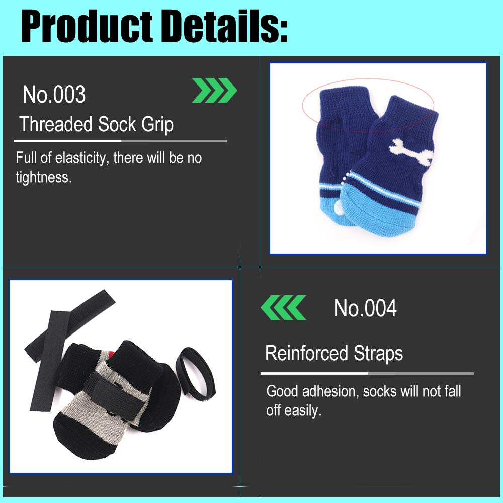 4 Pairs Anti-Slip Dog Socks And Cat Socks With Rubber Reinforcement And 8 Small Straps, Indoor Wear Pet Paw Protector For Hardwood Floors Cat Dogs Style 3 (M)