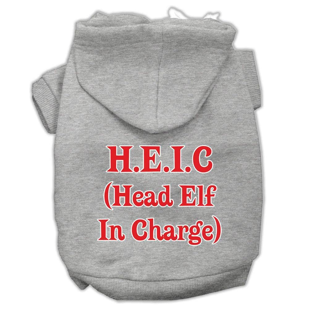 Christmas Pet Dog & Cat Hoodie Screen Printed, Head Elf in Charge Gray LG (10-14 lbs.)