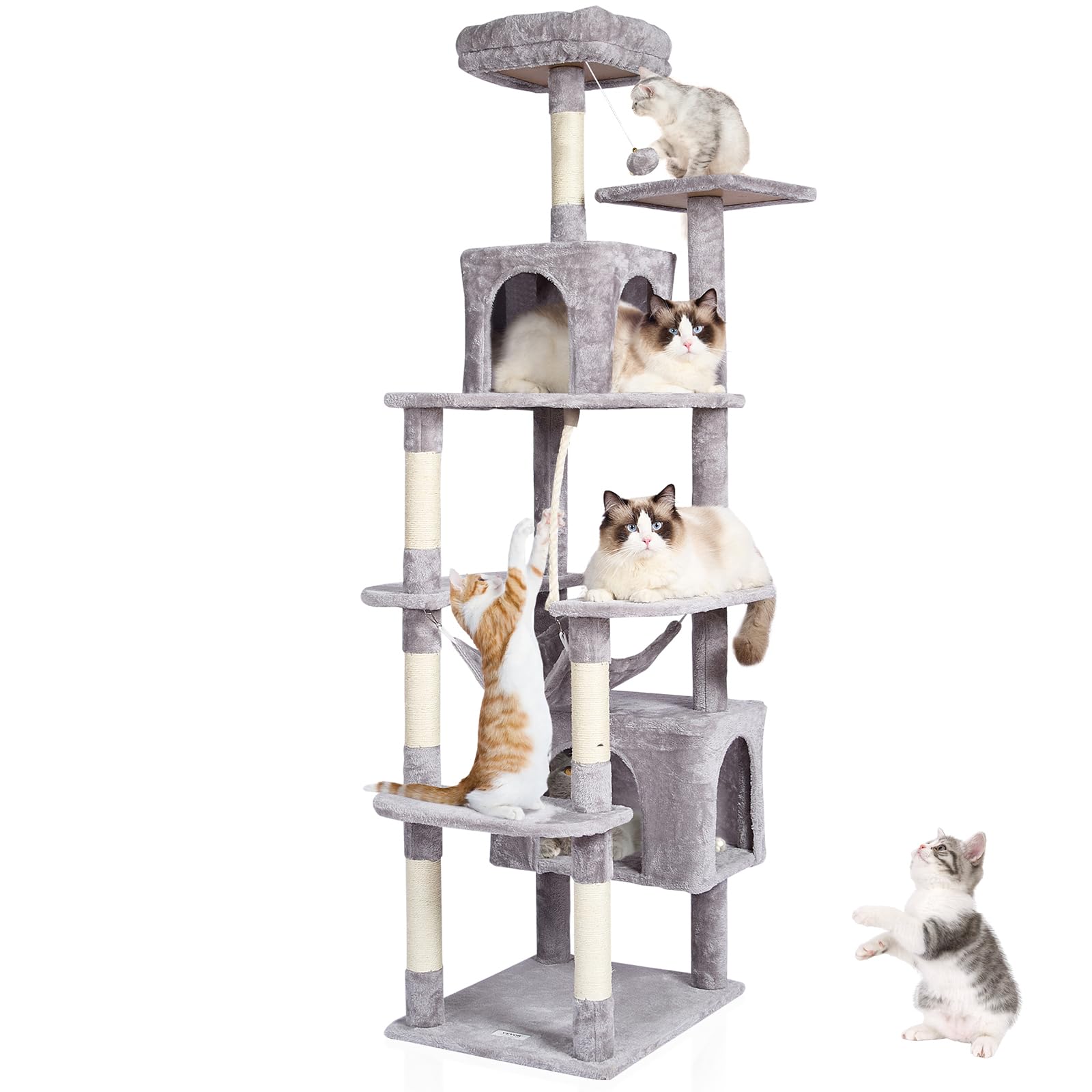 VEVOR Cat Tree 72 Cat Tower with 2 Cat Condos Sisal Scratching Post Light Grey
