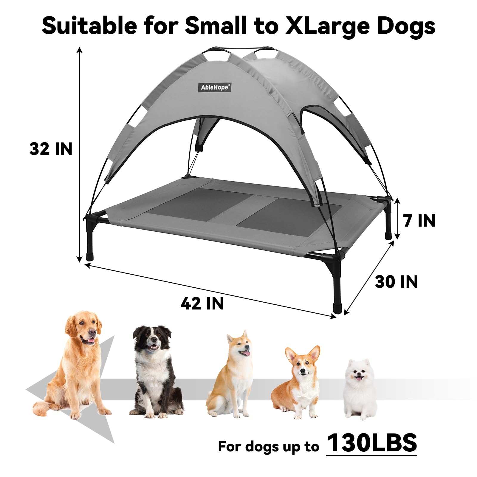 AbleHope Elevated Pet Cot with Removable Canopy Shade, Raised Dog Bed with Cooling Mesh for Indoor Outdoor Use, UV Protection &