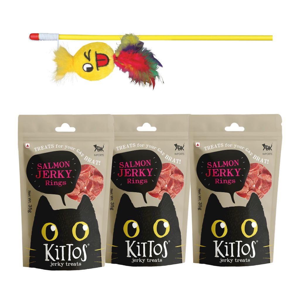 Combo Of Trixie Playing Rod With Smiley Interactive Cat Toy  50 Cm And 3 Pack Of Kittos Nutrient Rich Salmon Rings Cat Treats F