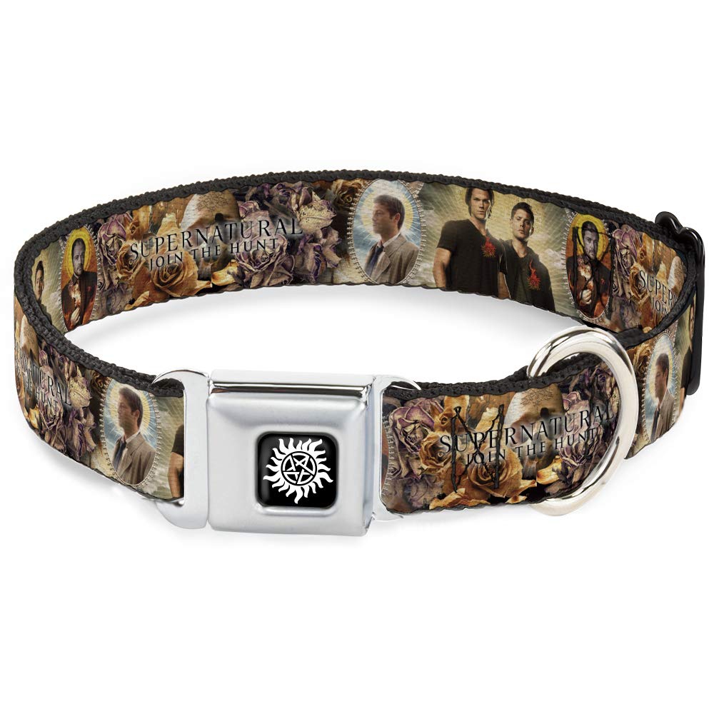 Dog Collar Seatbelt Buckle Supernatural 4 Character Saintly Icons Skull Roses 16 To 23 Inches 1.5 Inch Wide