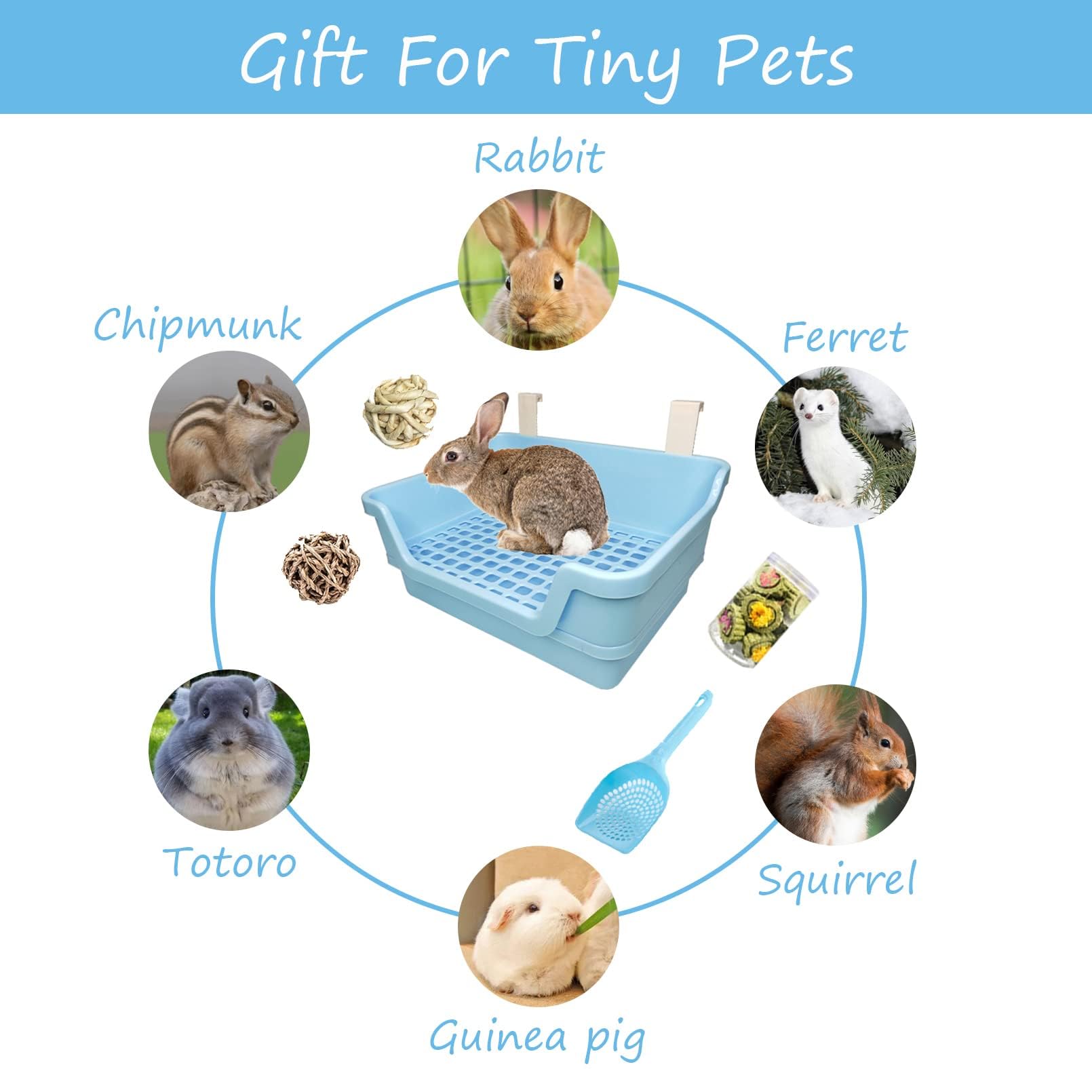 Pinvnby Large Rabbit Litter Box Deep Bunny Corner Toilet Box Double-Deck Small Animal Potty Trainer With Hooks For Adult Guinea Pig Chinchilla Ferret Chipmunk(Blue)