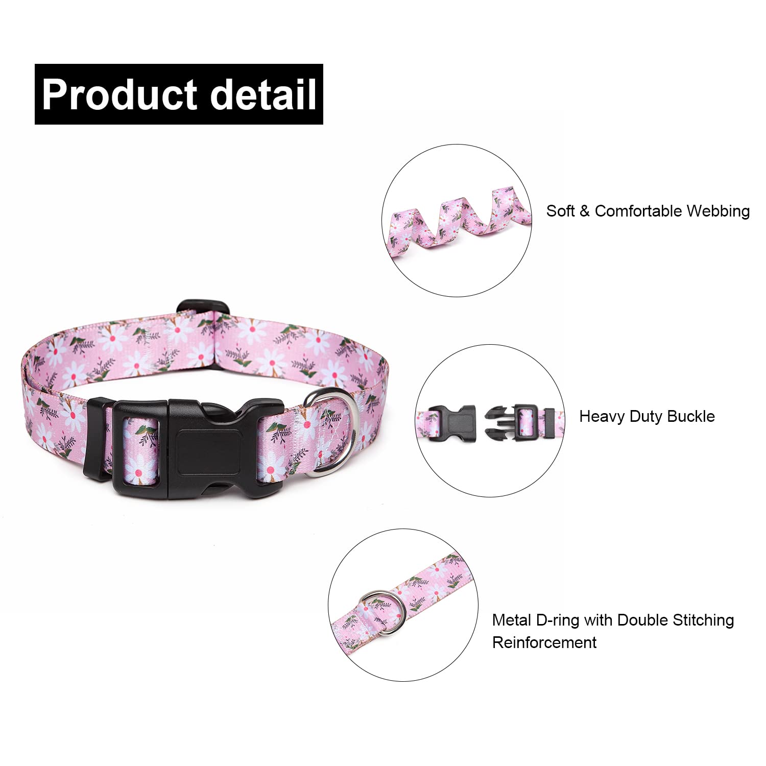 Suredoo Adjustable Dog Collar With Patterns, Ultra Comfy Soft Nylon Breathable Pet Collar For Small Medium Large Dogs (M, Pink White Flower)
