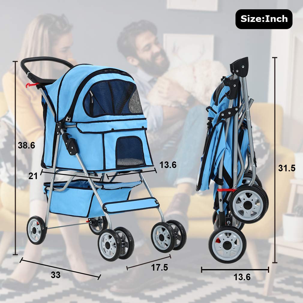 BestPet 4 Wheels Pet Stroller Cat Dog Cage Stroller Travel Folding Carrier 04T