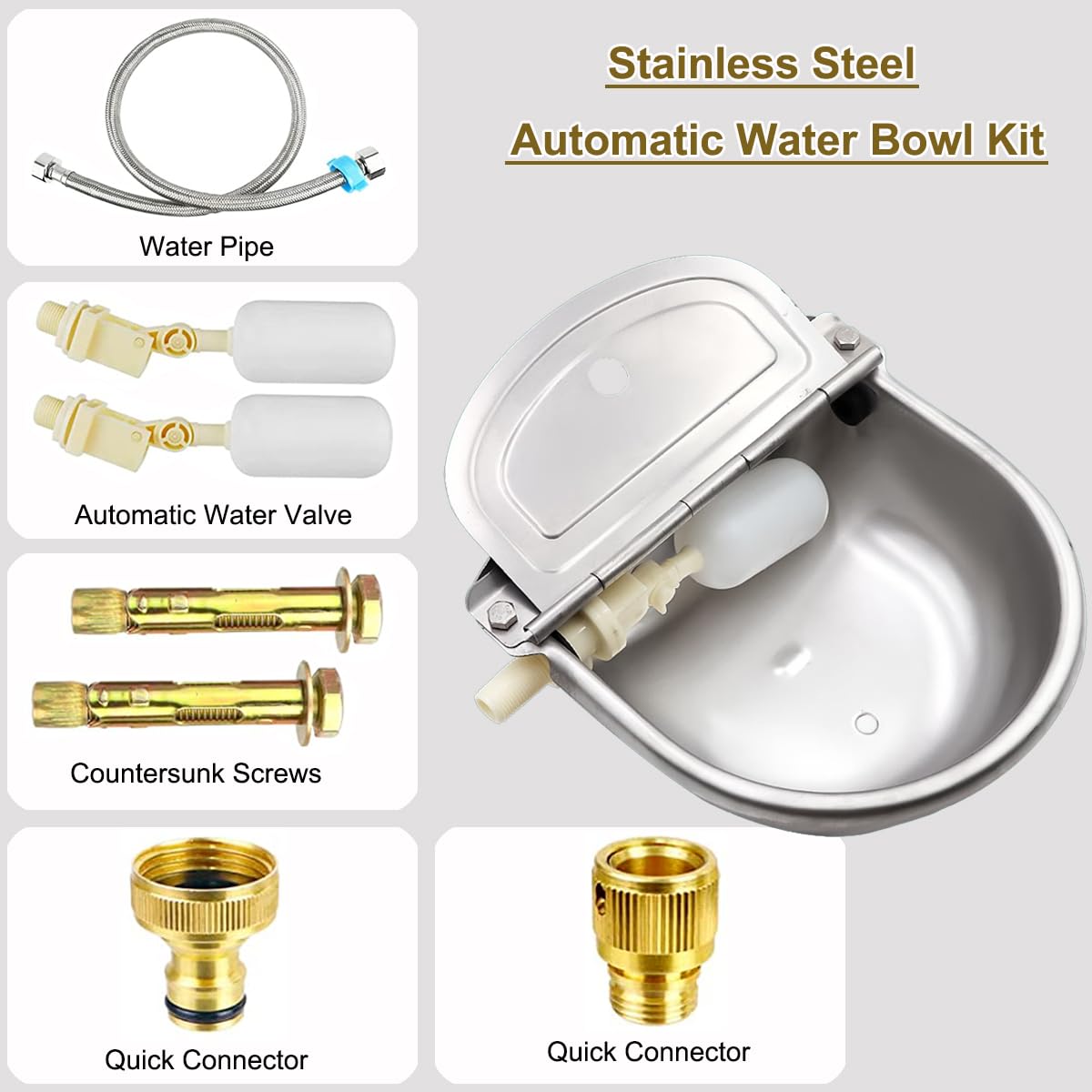 Automatic Dog Water Bowl Dispenser with Float Valve, 304 Stainless Steel Livestock Water Dispenser for Dog Horse Goat Pig Cow Li