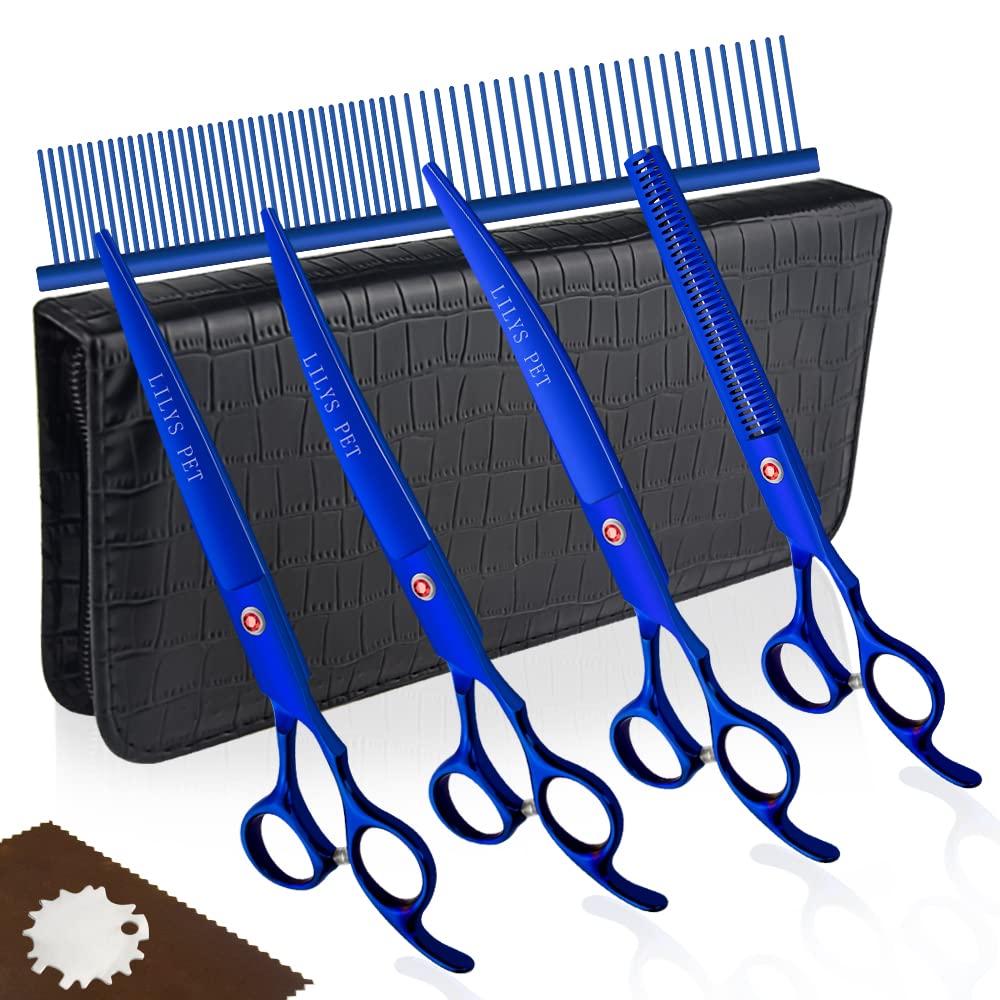 Lilys Pet Professional Pet Dog Grooming Coated Titanium Scissors Suit Cutting&Curved&Thinning Shears (7.5 Inches, Blue)…