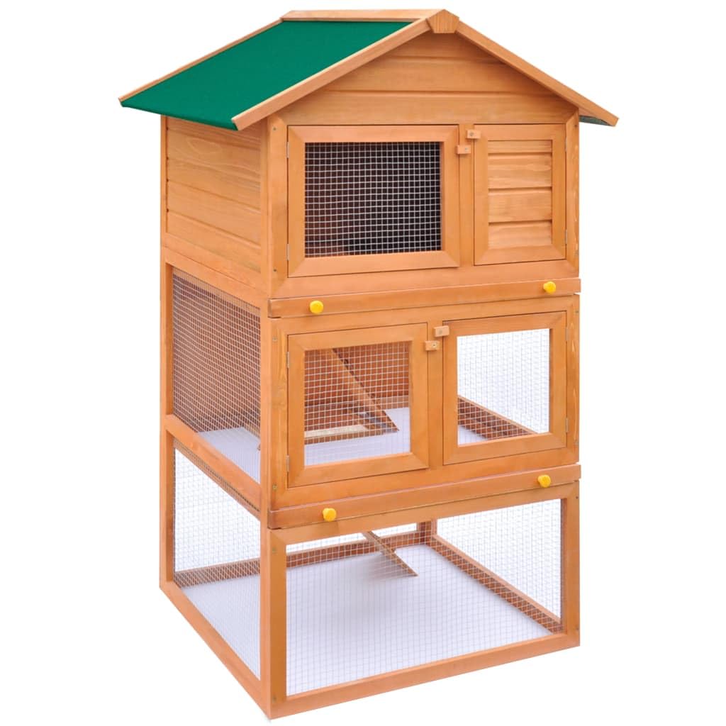 vidaXL Outdoor Wooden Rabbit Hutch, 3-Tier Small Animal House/Pet Cage - Weather-Resistant Roof and Iron Wire Mesh for Visibility & Ventilation - Ladders & Pull-Out Trays for Easy Cleaning