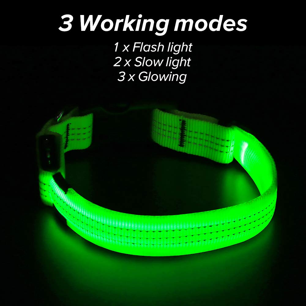 Illumifun Led Dog Collar, Nylon Reflective Light Up Dog Collar, Usb Rechargeable Pet Safety Collar Glow In The Dark (Greenⅲ, Small)