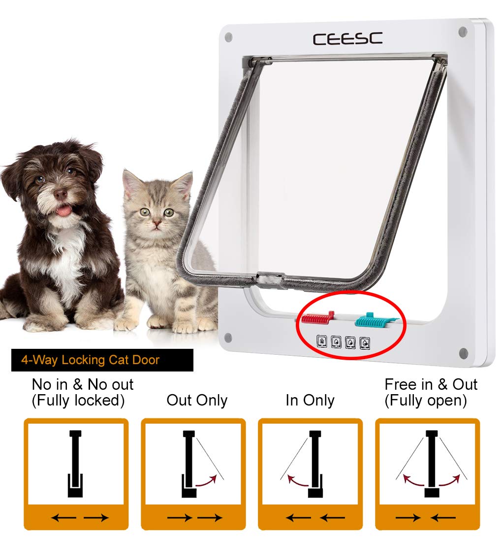 Ceesc Large Cat Door (Outer Size 11' X 9.8'), 4 Way Locking Cat Door For Windows & Sliding Glass Door, Weatherproof Cat Flap Door For Cats & Doggie With Circumference < 24.8'