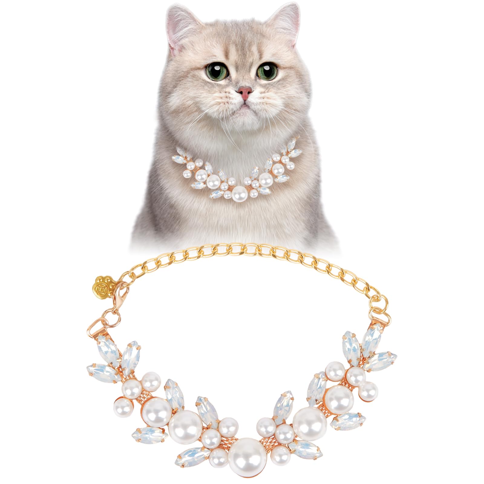 Howwfaly Dog Cat Pearl Collars With Cute Pet Paw Gold Chain Stainless Steel Collars Necklace Adjustable Collar Dog Chain Cat Whi