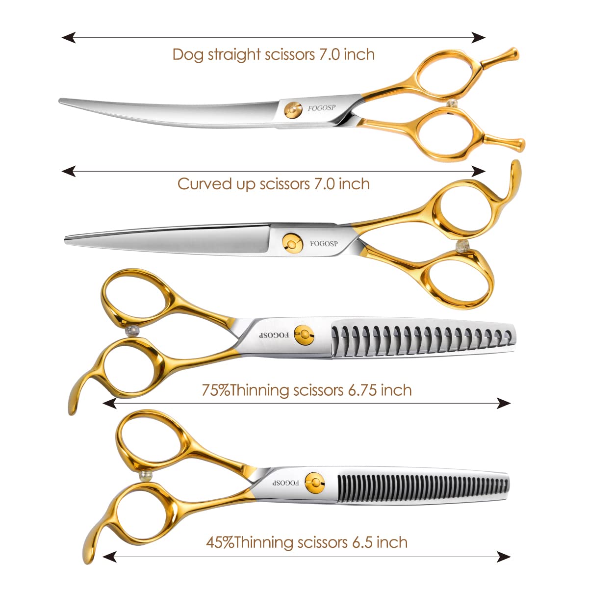 Fogosp Dog Grooming Scissors Kit 4Pcs 7 Inch Professional Dog Grooming Shears Set Curved Thinning Straight Chunkers For Dogs Cat