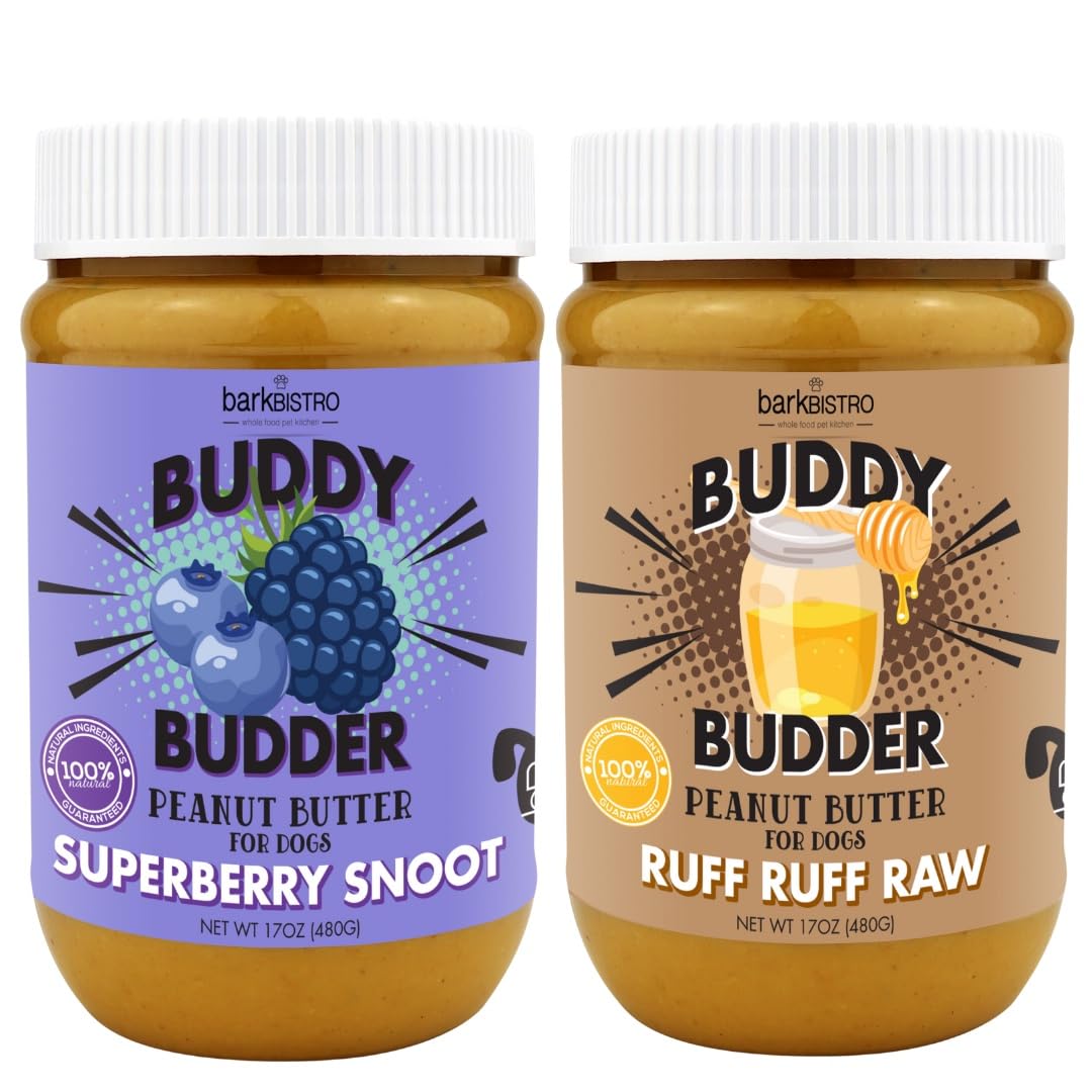 Superberry Snoot + Ruff Ruff Raw Buddy Budder, Natural Dog Peanut Butter, Dog Treat, Made in USA (Set of 2, 17oz Jars)
