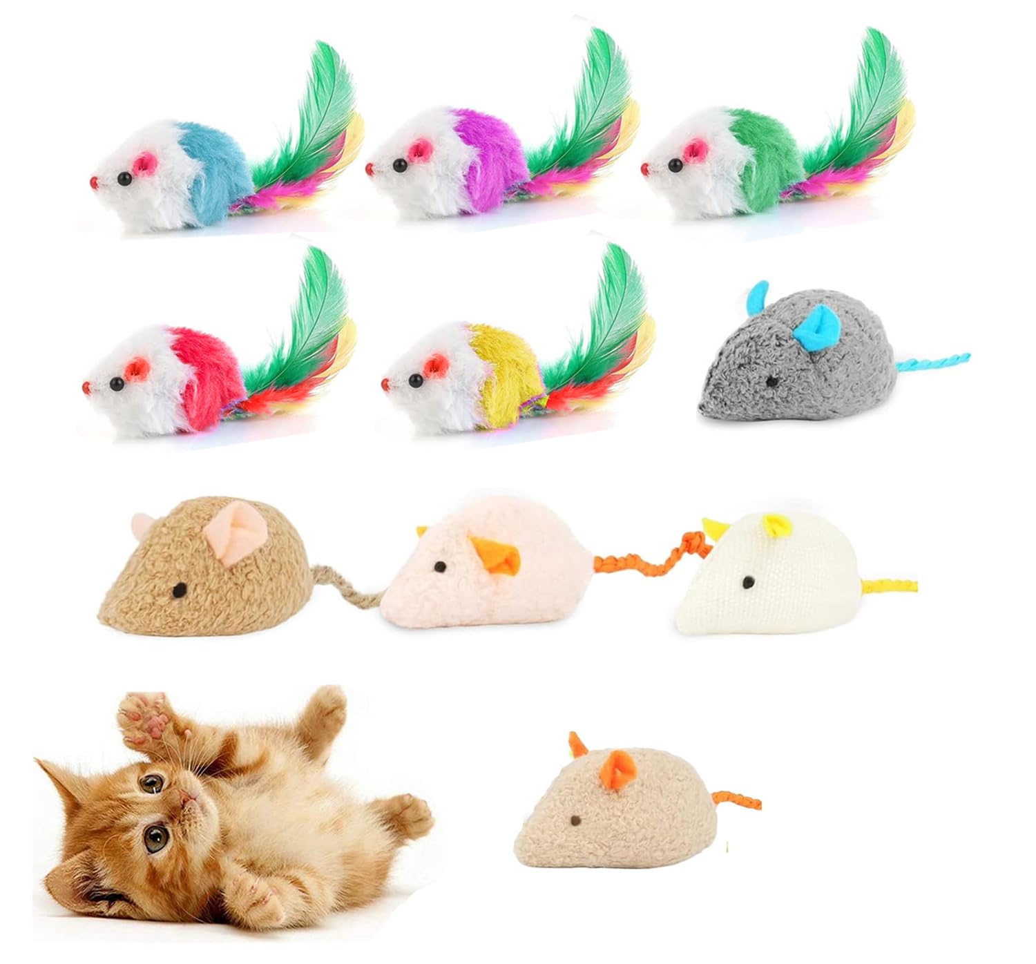 10 Pack Cat Mouse Toy With Fur, Feather, And Rattle Sounds - Interactive Catnip Mice For Chasing, Hunting, Exercising - Kitten C