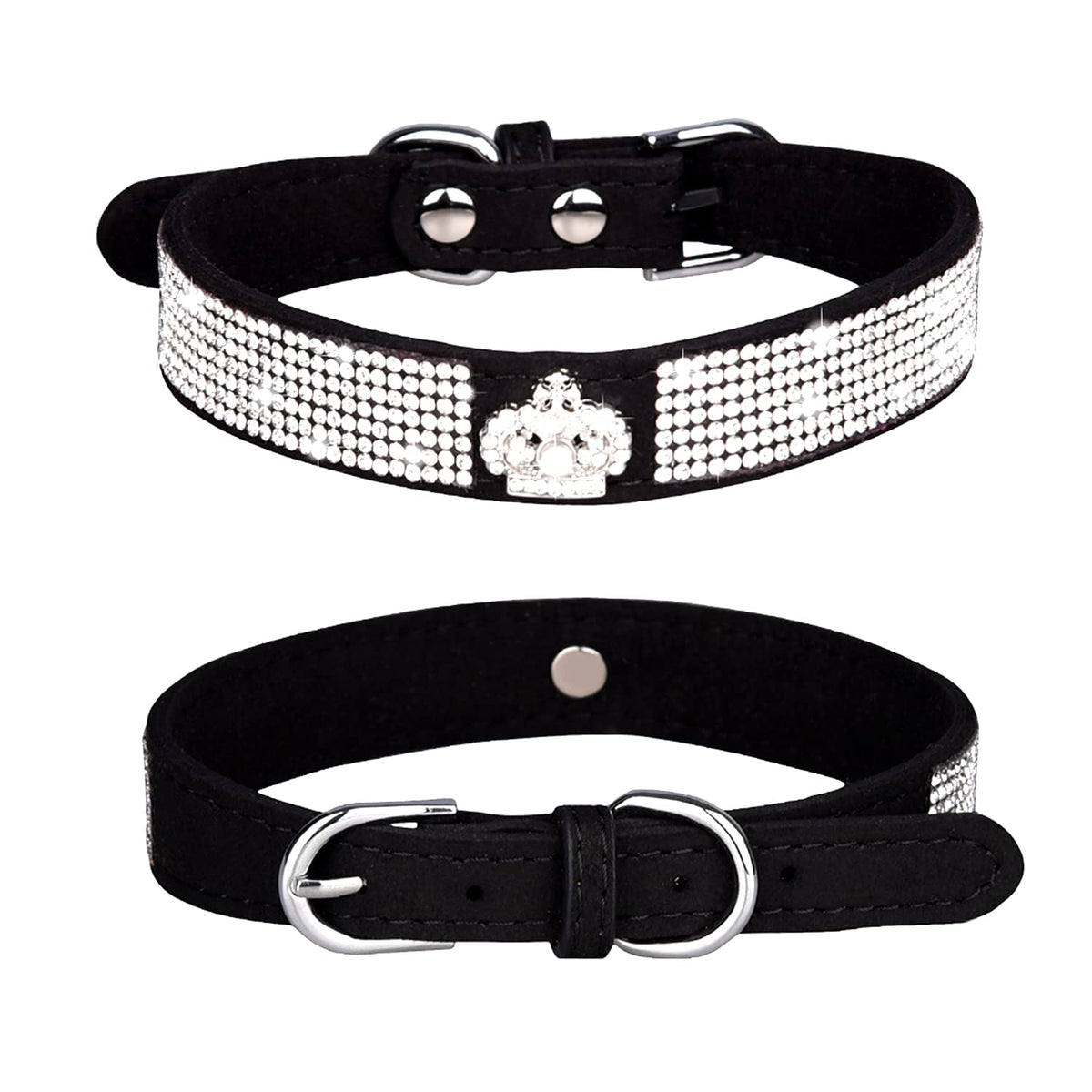 Pimaodog Rhinestone Dog Collar, Cute Dazzling Sparkling Soft Suede Leather Adjustable Pet Dog Cat Collar Crystal Diamond For Puppy Small Medium Large Dogs (L:38-46Cm, Black-4)