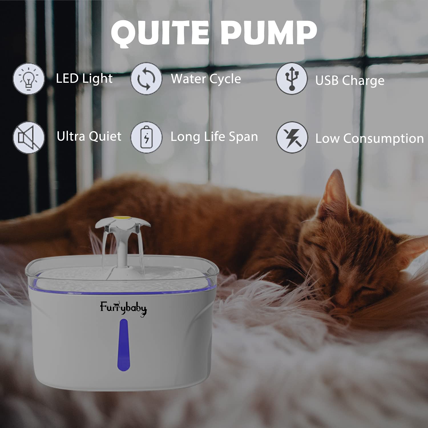 Furrybaby Cat Water Fountain, Led Automatic Pet Water Dispenser With Water Level Window Multiple Modes Indoor Intelligent Pet Fountain For Cats, Dogs With 2 Filters (Rectangle, 2L White)