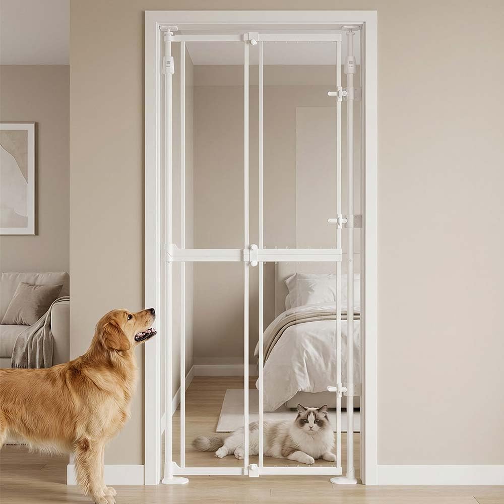 unipaws Transparent Cat Safety Gate, 75-98 Height and 21-34 Wdie Adjustable, Auto Closing and No Drilling, Extra Tall Cat Door f