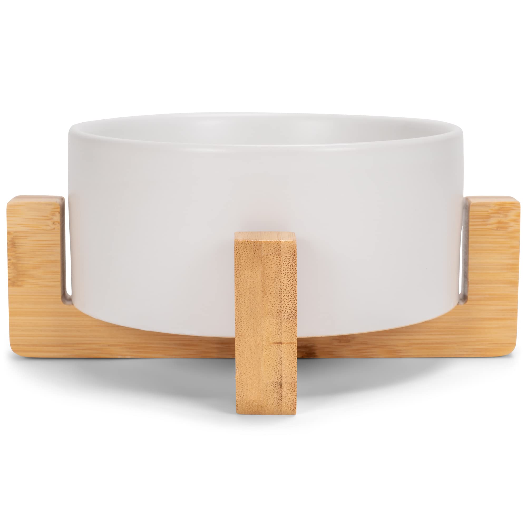 Nat & Jules Small White 6 Inch Stoneware Ceramic And Wood Pet Bowl With Stand