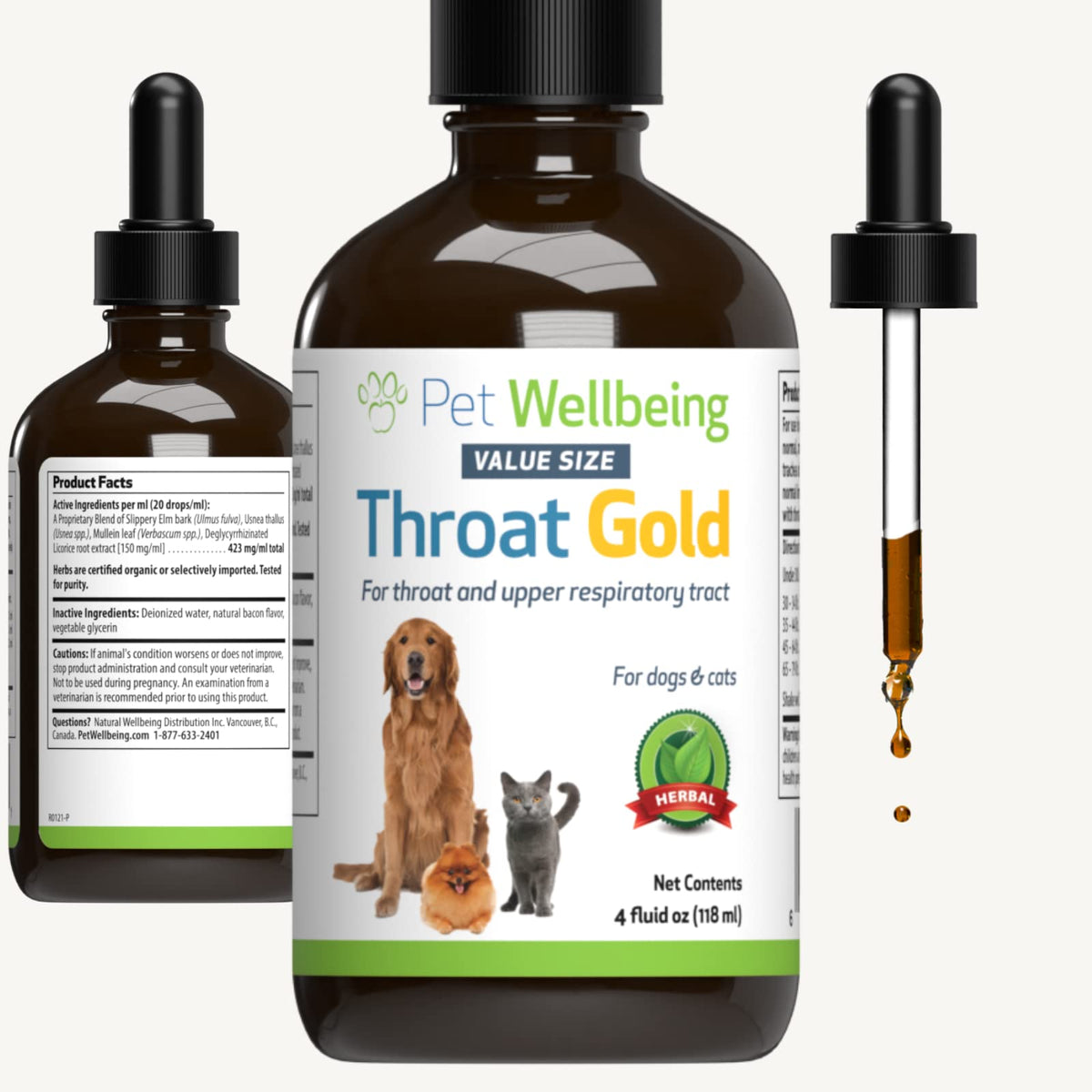 Pet Wellbeing Throat Gold For Dogs & Cats - Vet-Formulated - Soothes Throat Discomfort, Hoarseness, Leash Strain, Occasional Cough - Natural Herbal Supplement 4 Oz (118 Ml)