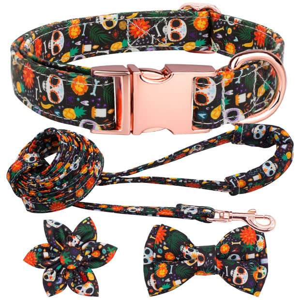 Hilkycton Dog Collar And Leash Set With Flower Bow Tie Girls Dog Collar Metal Buckle Adjustable For Small Medium Large Dogs Skul