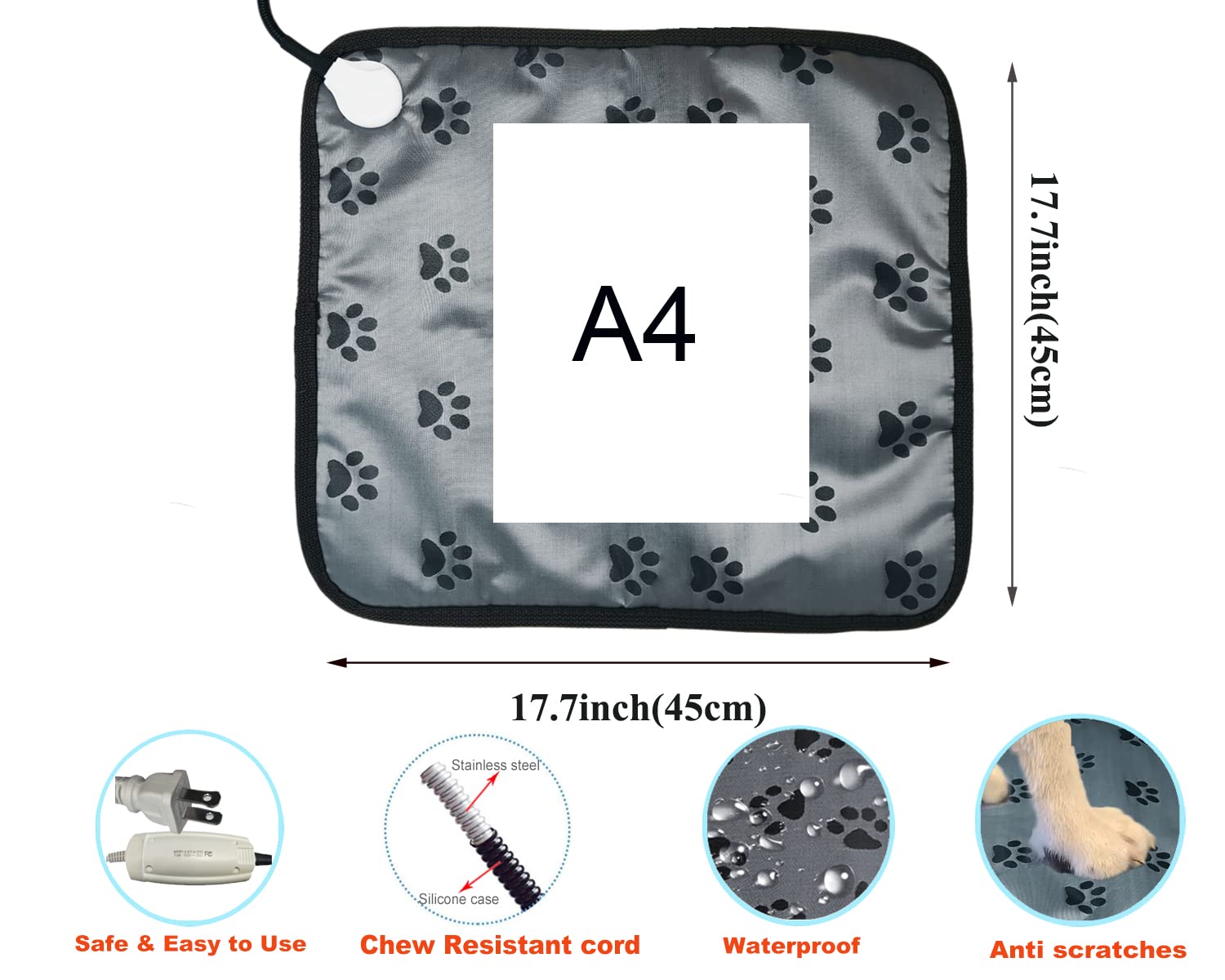 DEOMAN Pet Heating Pad - Waterproof Electric Bed Mat for Dogs & Cats, 17.7" x 17.7", Chew Proof Cord, Easy to Clean