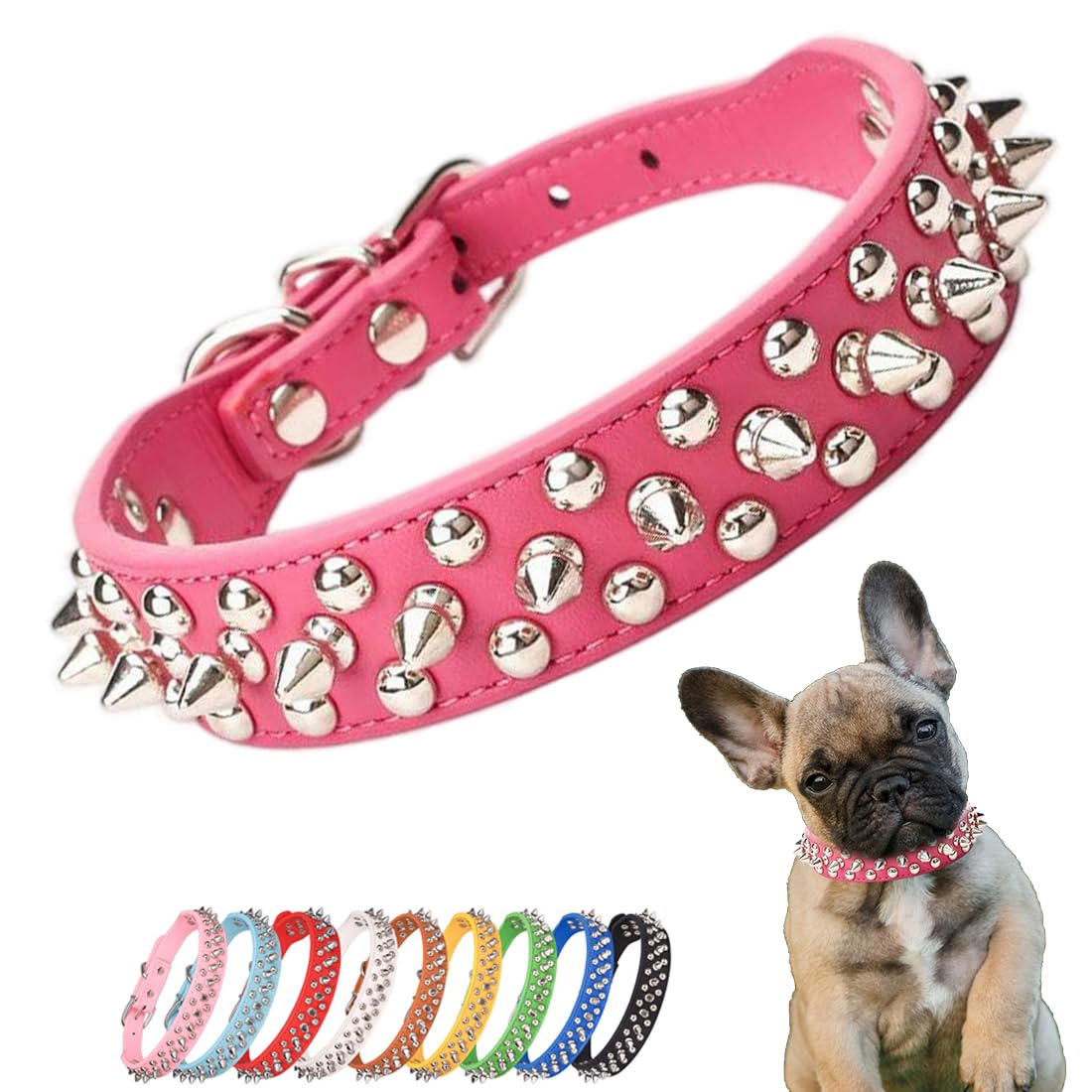 Hot Pink Spiked Cat Collar, Mushrooms Rivet Spike Dog Collar Anti-Bite Studded Protective Pet Neck Faux Leather Female Puppy Col