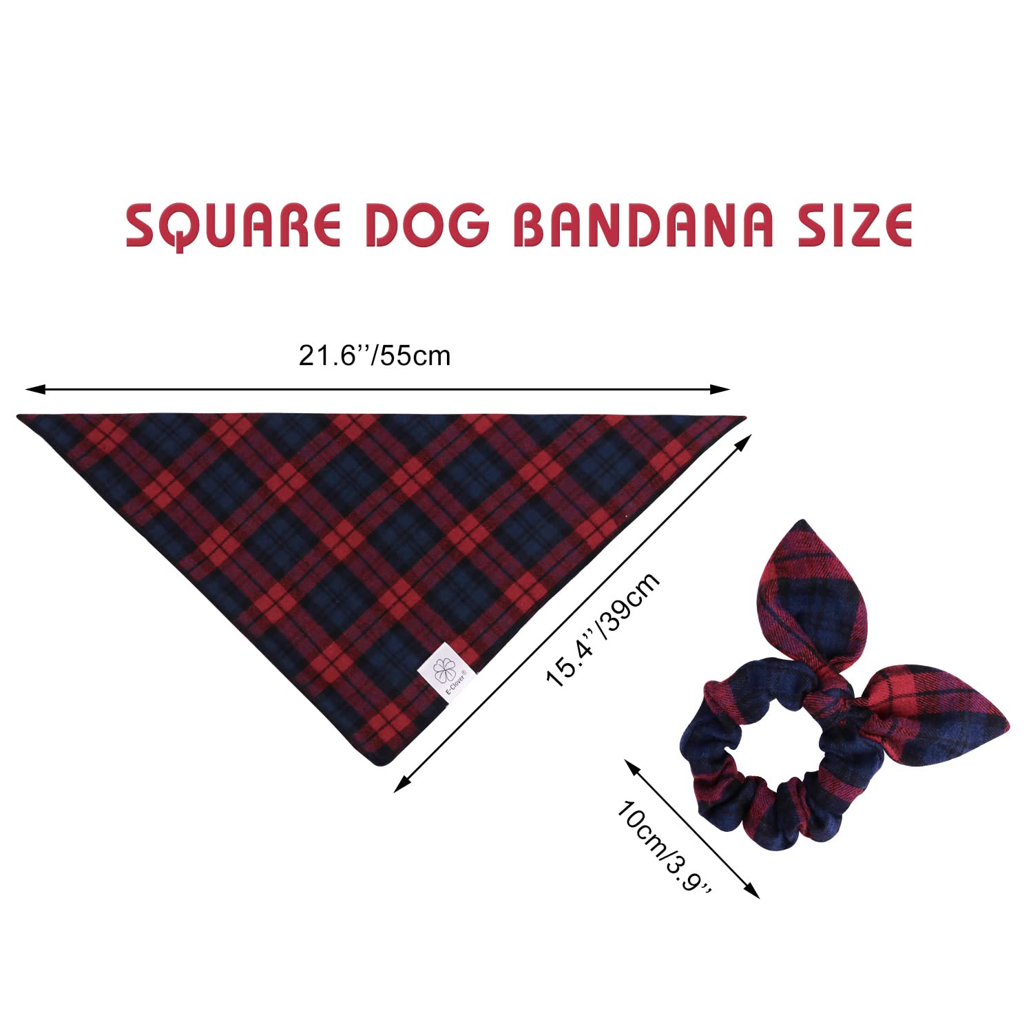 E-Clover Dog Bandanas & Matching Scrunchie Set Plaid Dog Scarf Bibs Pet Handkerchief For Small Dogs Puppy Owner Gifts Red Blue