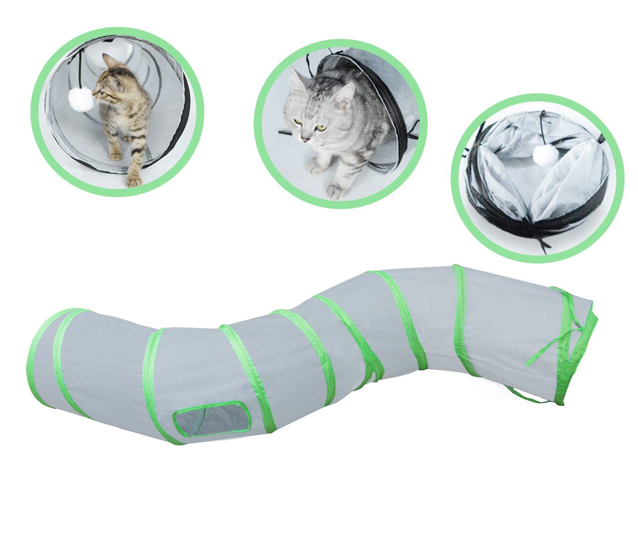 PetLike S Way Cat Tunnel Collapsible Pop-up Pet Tube Hideaway Play Toy with Ball (S-Way, Grey and Green)