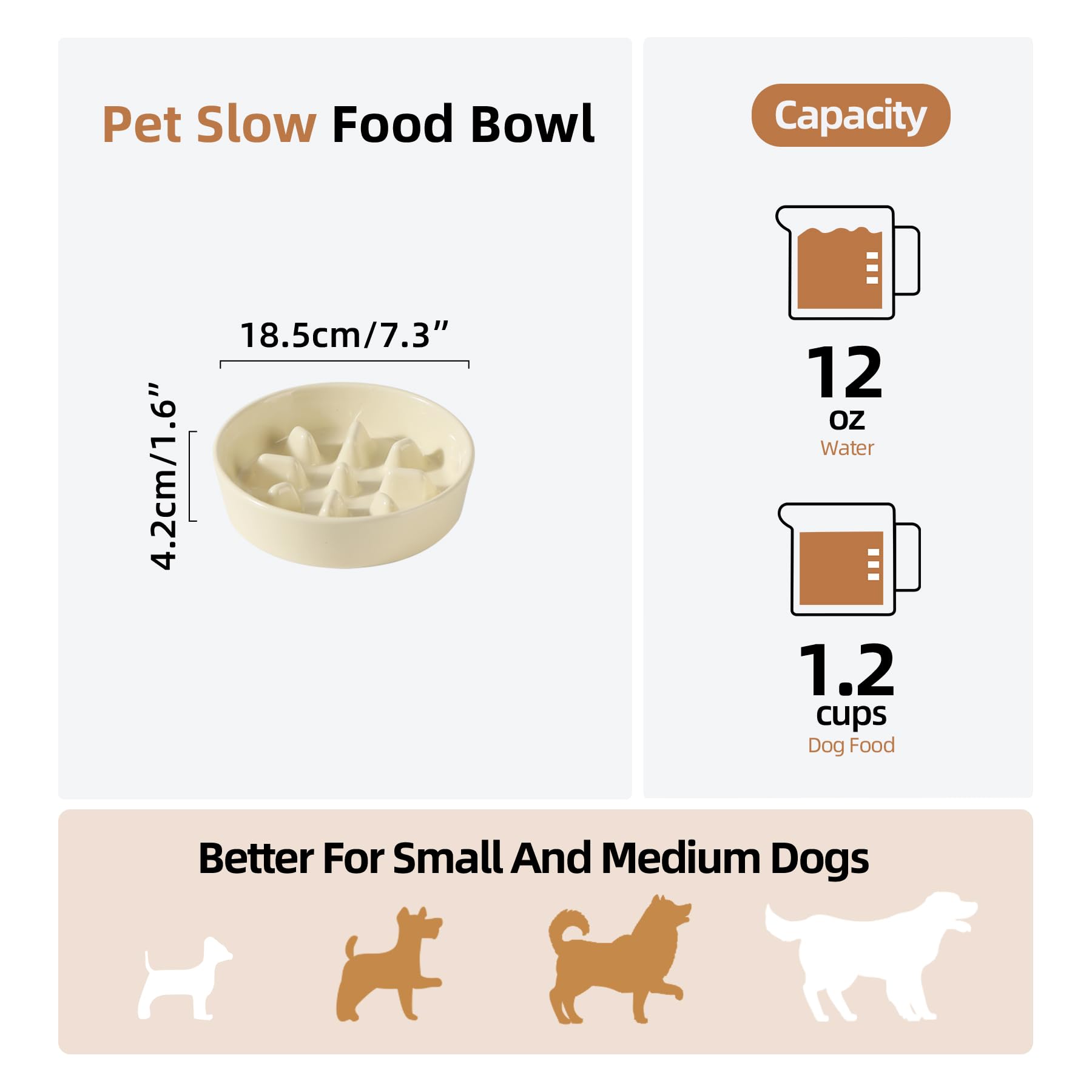 Havniva Ceramic 1.2 Cup Dog Bowl Slow Feeder, 7.3 inch Slow Pet Food Dish for Medium and Small Dog, Stop Bloat, Preventing Choki