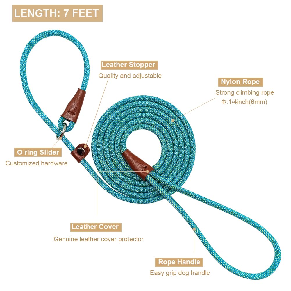 Btinesful 7Ft Slip Lead Dog Leash, Strong Nylon Rope Leash, 1/4 & 1/2 Inch Diam Dog Training Lead For Small Medium Large Dogs (1/4' * 7 Ft, Green Dot)