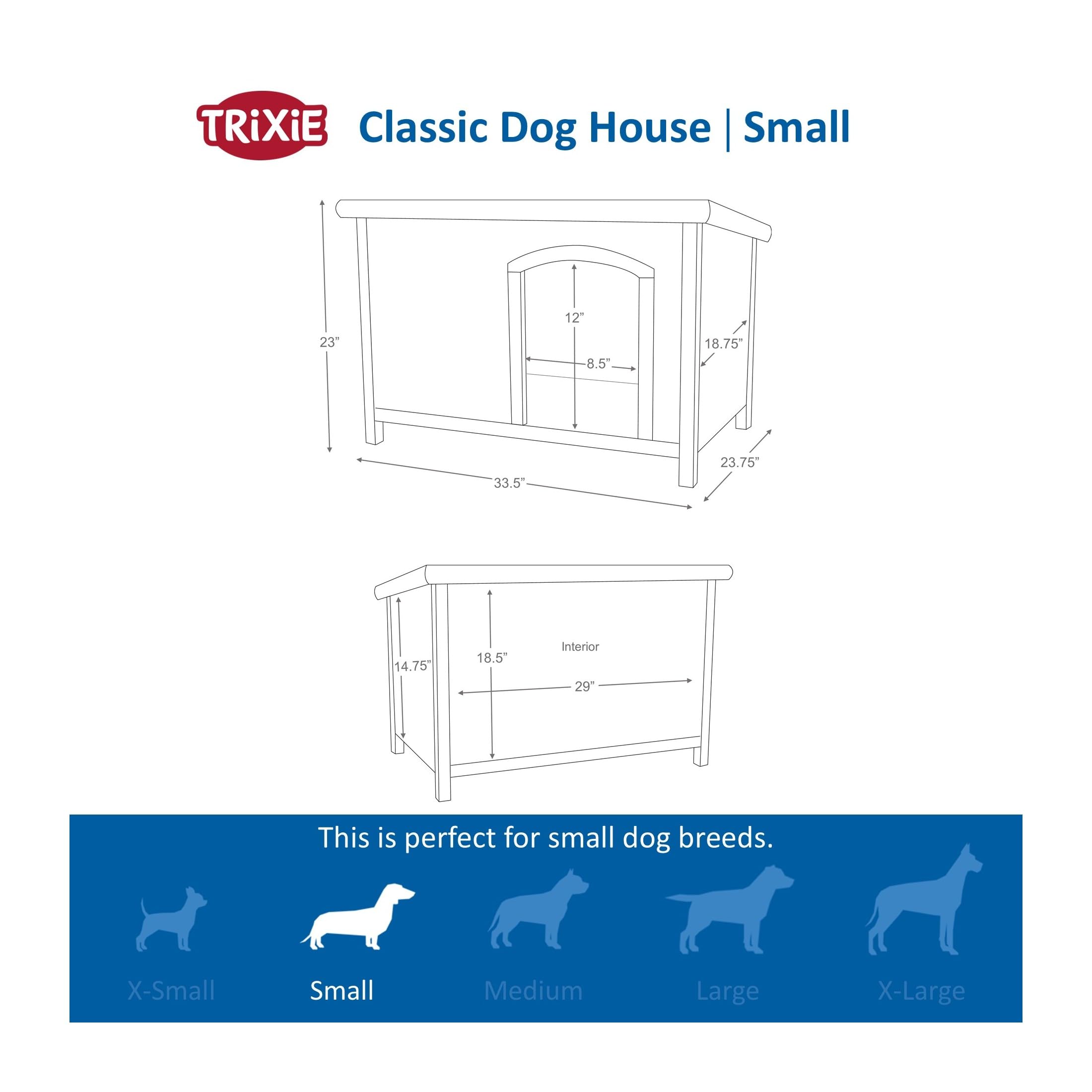 Trixie Natura Classic Dog House – Small Outdoor Dog House With Weatherproof Sealer & Hinged Roof, Wooden Dog House With Adjustable Legs For Small Dogs In Grey – 23.75 X 33.5 X 23 In