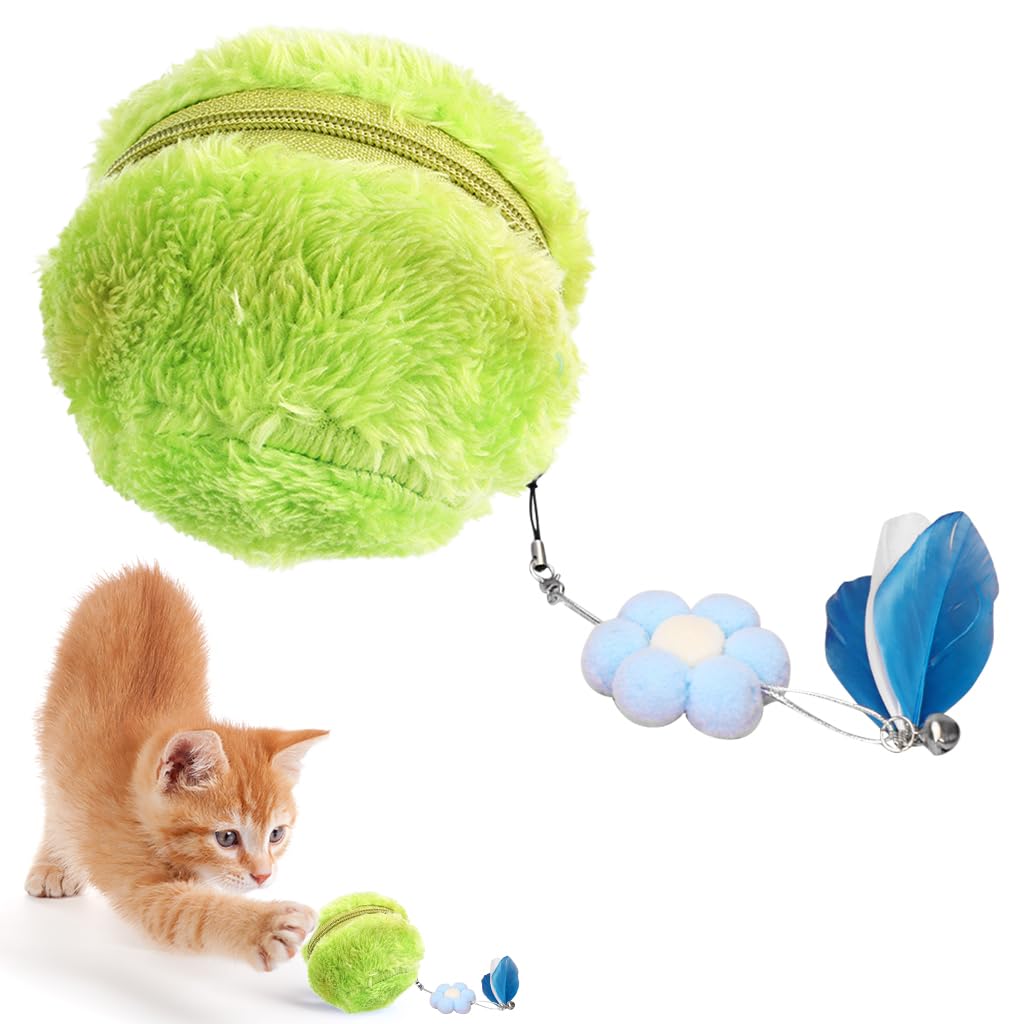Qpets Dog Ball Toy with Zipup Plush Cover Electric Interactive Ball Toy for Dogs Cats Chasing Feathered Ball Toy with Flower Ch