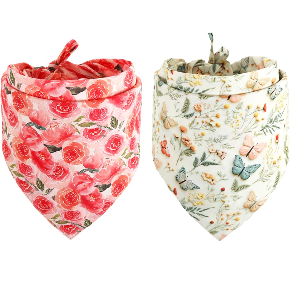 2 Pack Dog Bandana Reversible Triangle Bibs Scarf Accessories Butterfly Flower For Cats Pets Animals