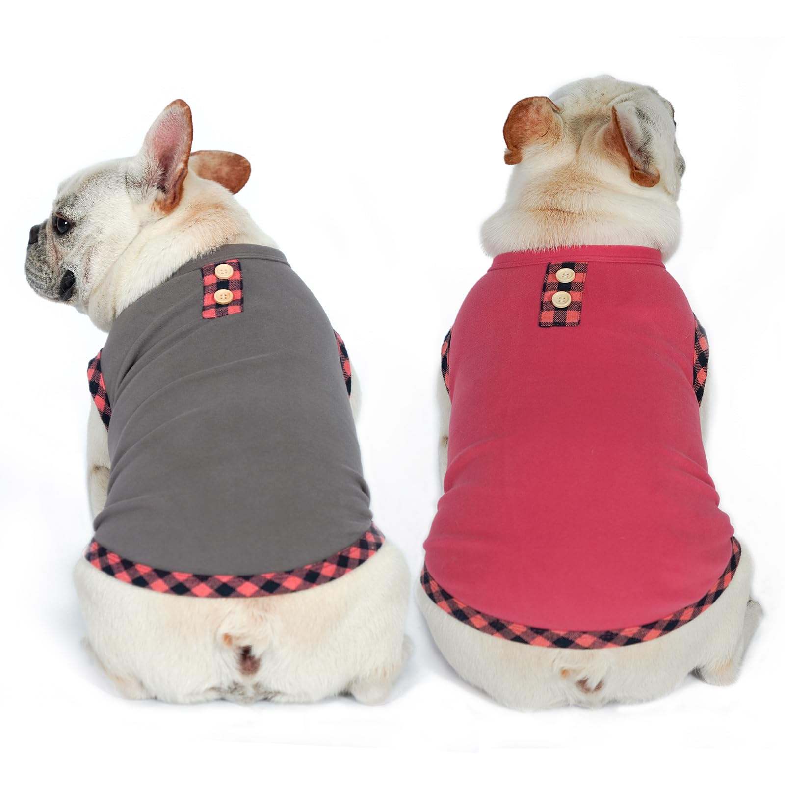 Kyeese Dog Shirt (2Pack Grey+Pink, Large) - Stretchy Velvet Pullover Vest, Lightweight Fleece, Sleeveless, Plaid Binding, Button