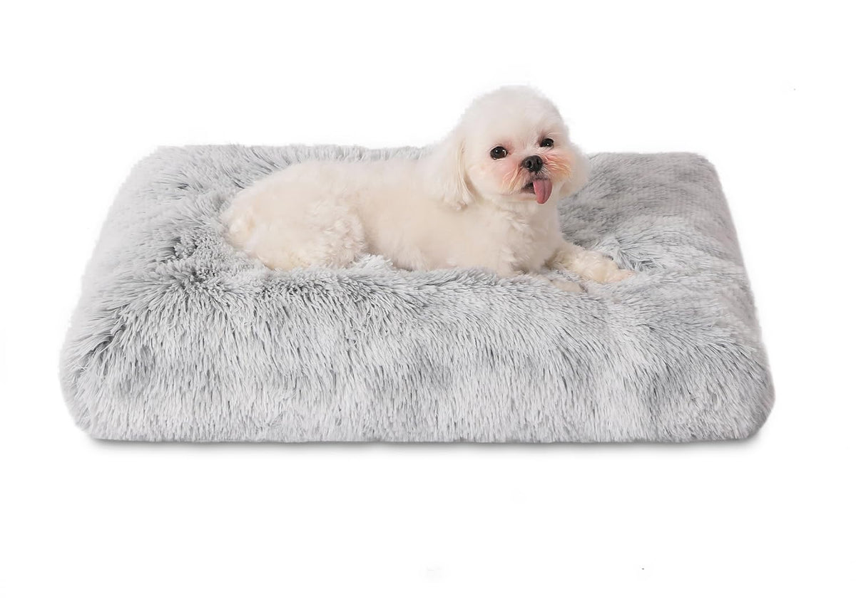 Bedfolks Waterproof Crate Bed, Plush Dog & Cat Bed With Removable Washable Cover, Faux Fur Kennel Pad, 17''X12'', Grey