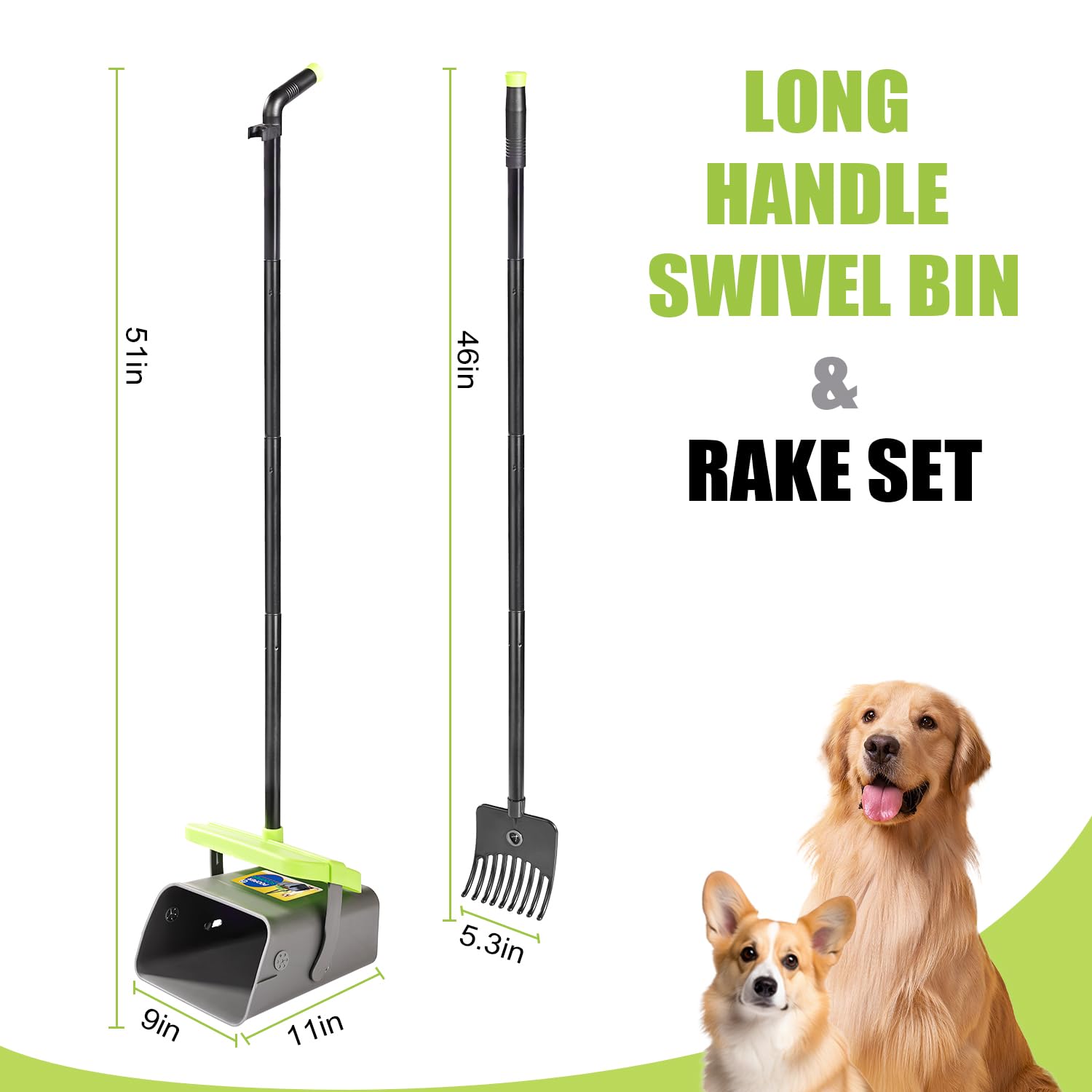 Pooper Scooper Swivel Bin & Rake Kit Set Of 2 For Large Medium Small Dogs With 46' Long Metal Handle And 35 Waste Bags, Poop Sc