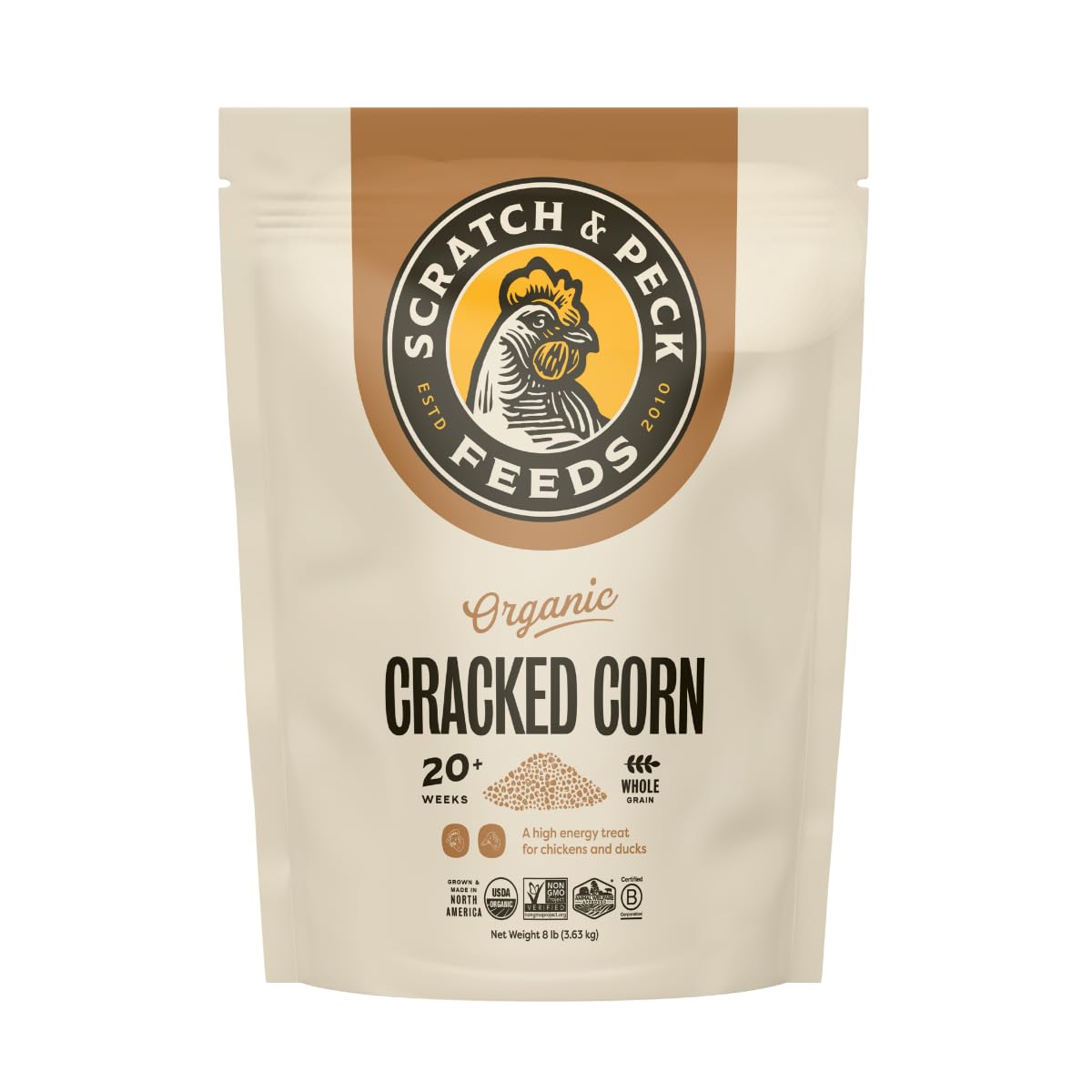 Scratch and Peck Feeds Cluckin Good Cracked Corn - 8 lbs - Carbohydrate and Protein Supplement Chicken Feed - Organic and Non-G
