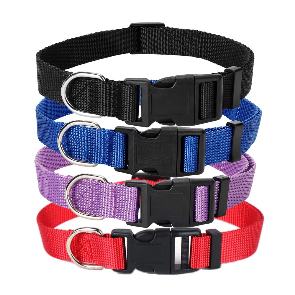 Alainzeo 4 Pack Nylon Dog Collars, Classic Adjustable Pet Dog Collar For Small, Medium And Large Dogs, L(Black, Blue, Red, Purpl