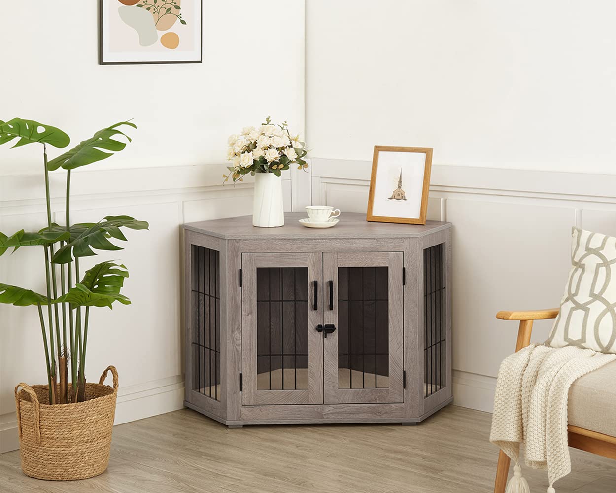 beeNbkks Furniture Corner Dog Crate/Kennel Wooden End Table with Cushion, Indoor Pet Crate Side Table for Small Medium Dogs Pupp