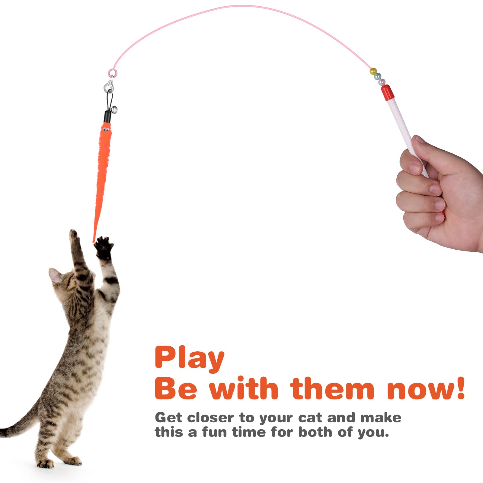 Cobee Cat Toys Wand Replacement, 6Pcs Furry Tail Worms With Bells + Cat Fishing Pole Toy, Cat Wand Toy Replacement Refills, Assorted Teaser Refills With Bell For Cat Kitten