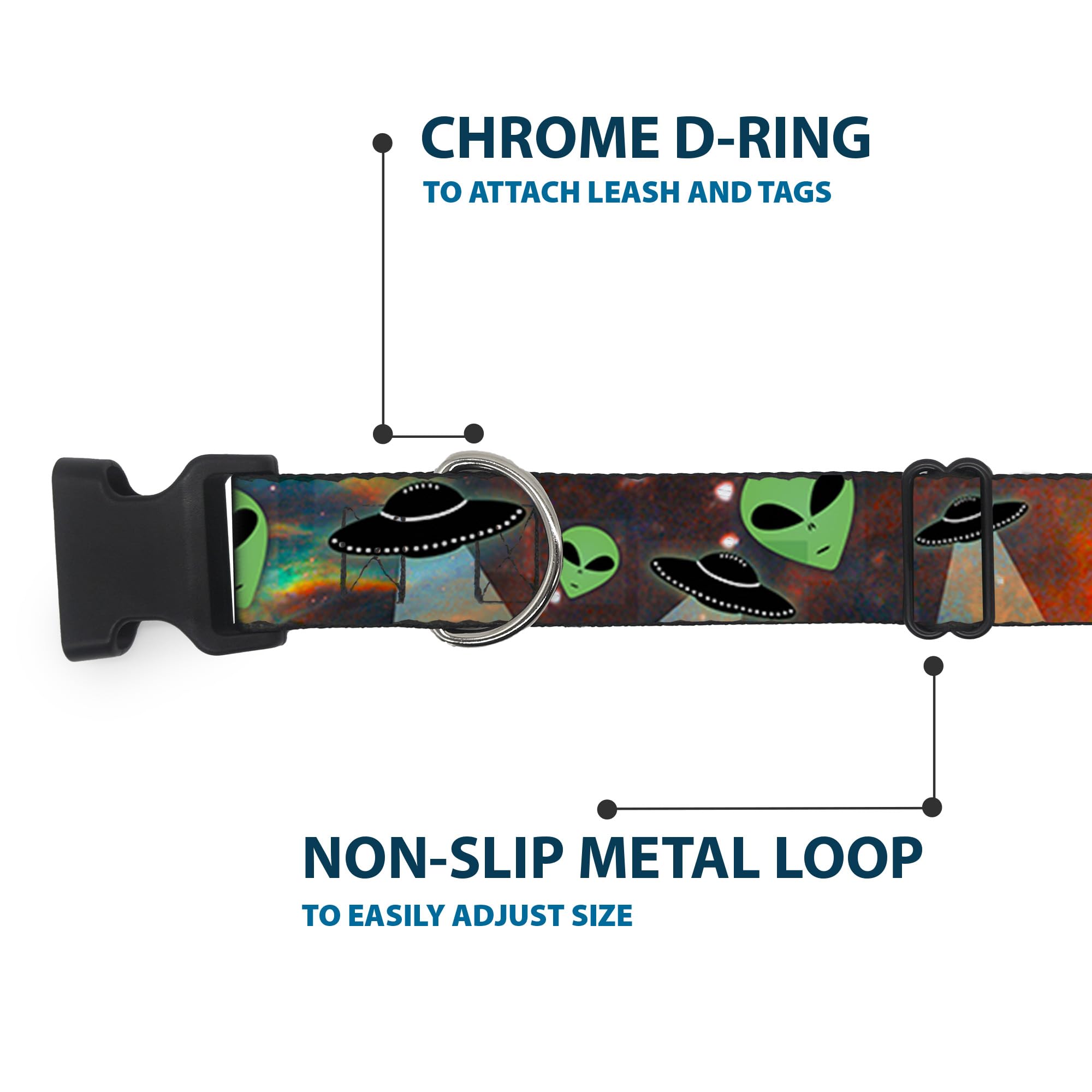Buckle-Down Pc-W30163-Wl Aliens & Ufo'S Galaxy/Green/Black/White Plastic Clip Collar, Wide Large/18-32'