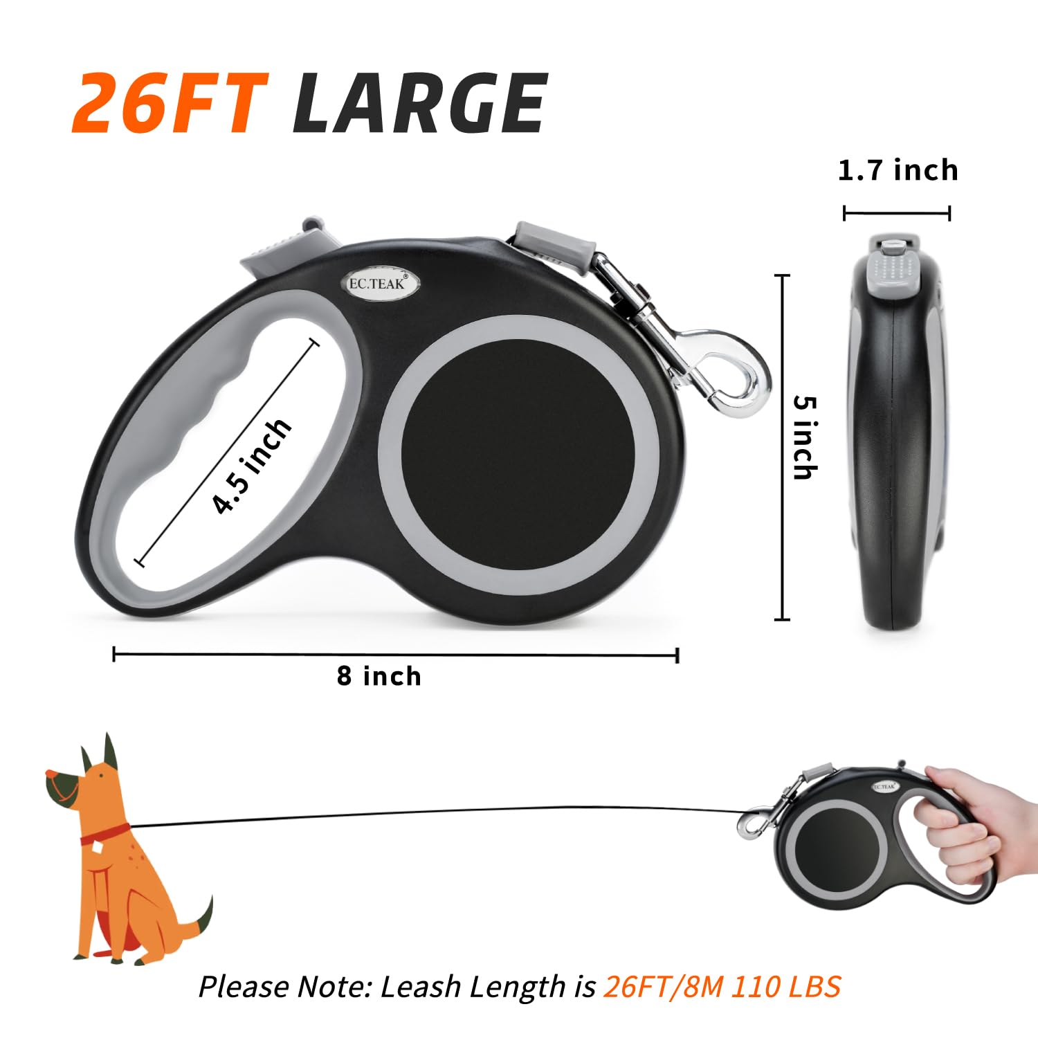 Ec.Teak Retractable Dog Leash 26 Ft, Heavy Duty Dog Leash For Dogs Up To 110Lbs, Strong Nylon Tape No Tangle, One-Handed Brake,