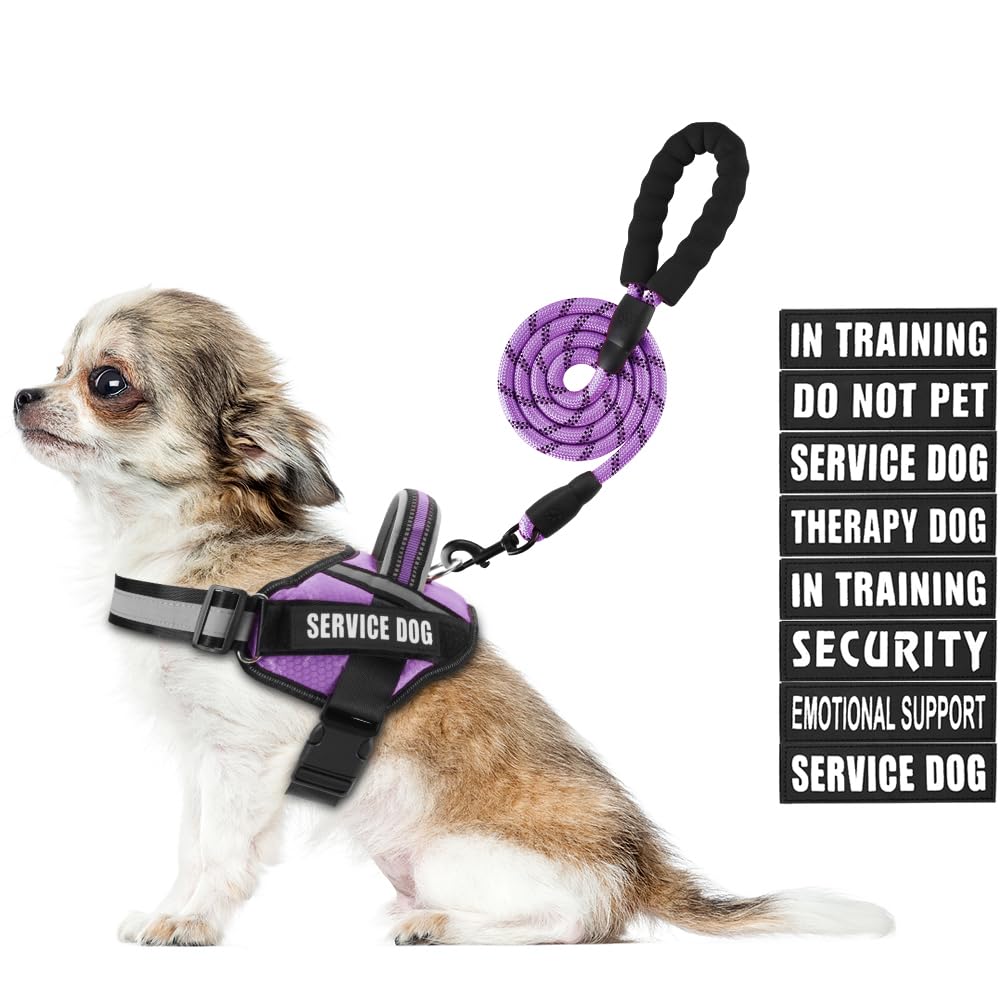 Animire Service Dog Harness and Leash Set, XS, Purple, with 10 Patches, Reflective, for Small Dogs